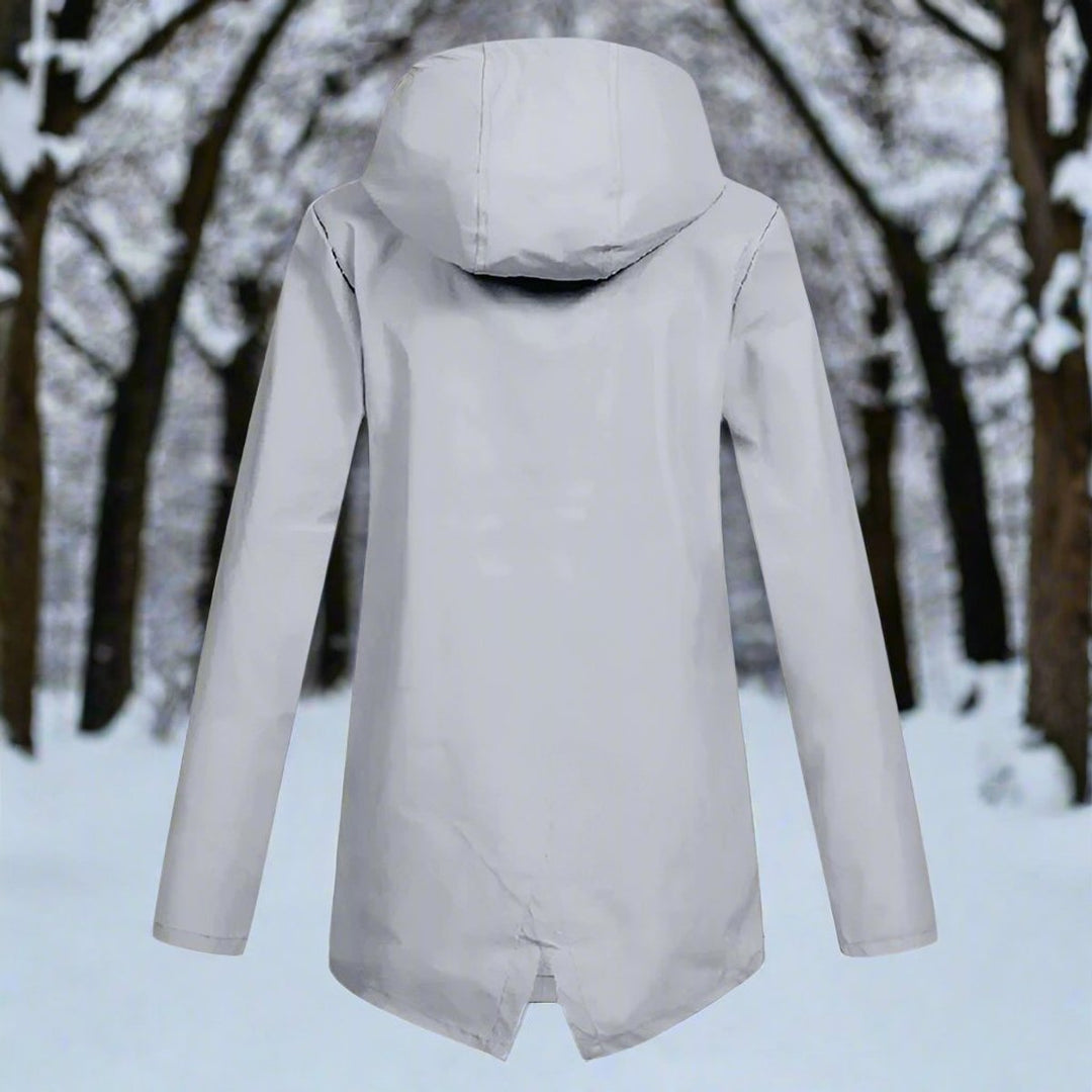 Women’s Bennett and Lowe Lorraine hooded waterproof longline rain jacket with zip-up front, designed for rainy weather.