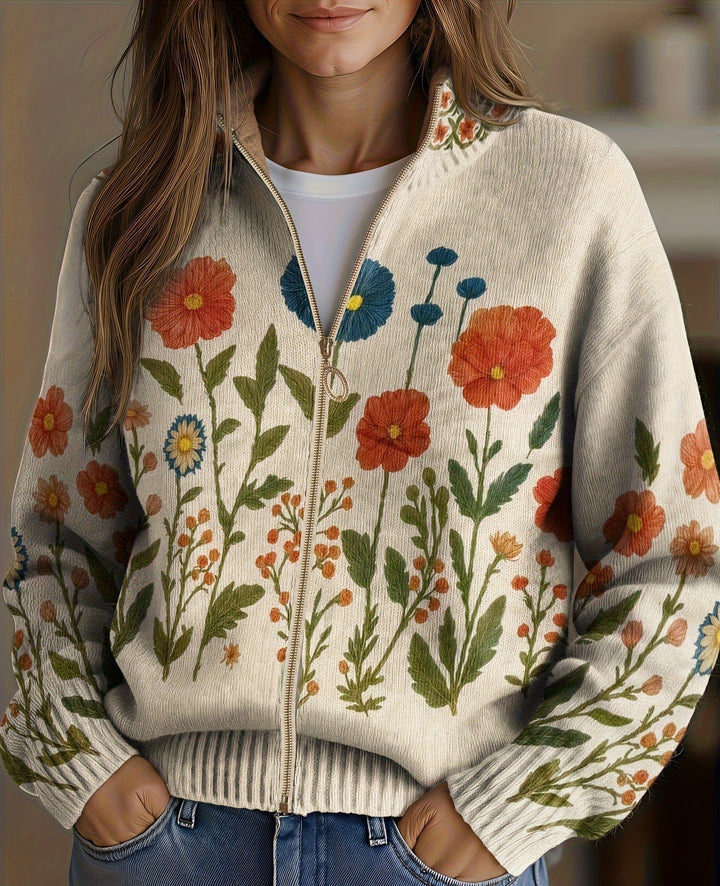 Wrenna Wildflower Meadow Zip Cardigan for Women by Bennett and Lowe, featuring floral pattern and front zipper detail.