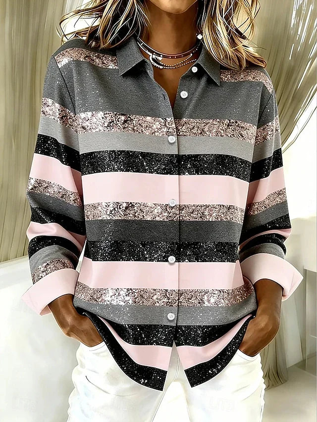 Claudette striped button-front blouse by Bennett and Lowe, featuring a stylish design with vertical stripes and a classic collar.