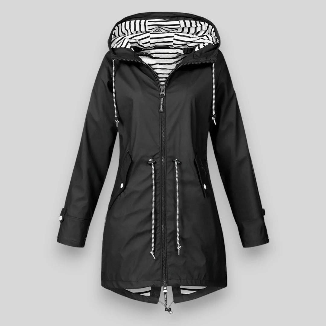 Black Bennett & Lowe Hollis waterproof rain jacket shown on a hanger, lightweight and durable for wet weather.