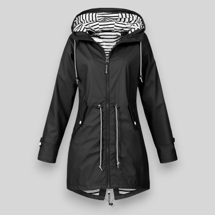 Black Bennett & Lowe Hollis waterproof rain jacket shown on a hanger, lightweight and durable for wet weather.